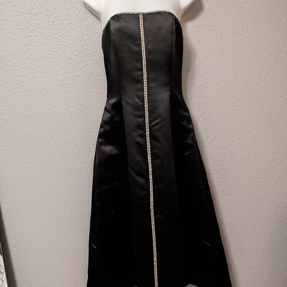 Jessica McClintock Black Prom Dress Vintage 80s Formal Gown Rhinestones Satin 4 - Picture 6 of 15